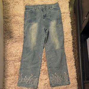 Stylish Blue Jeans with Flame Embroidery